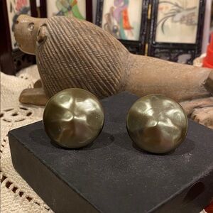 Japan Vintage Round Green Clip-On Earrings with copper tone backs